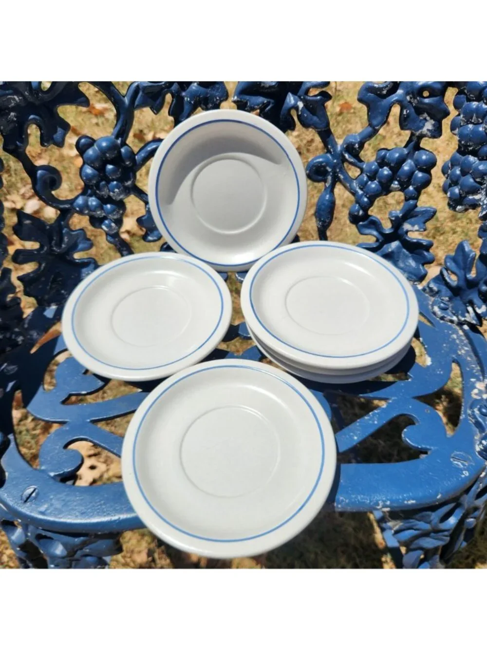 Set Of 6 Vintage Pfaltzgraff Saucers With Blue Trim Stoneware White